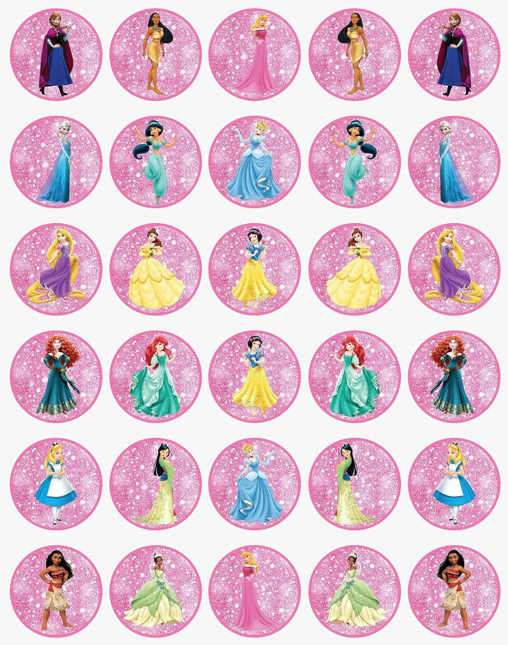 30 x Edible Cupcake Toppers Themed of Princess Collection of Edible Cake Decorations | Uncut Edible on Wafer Sheet