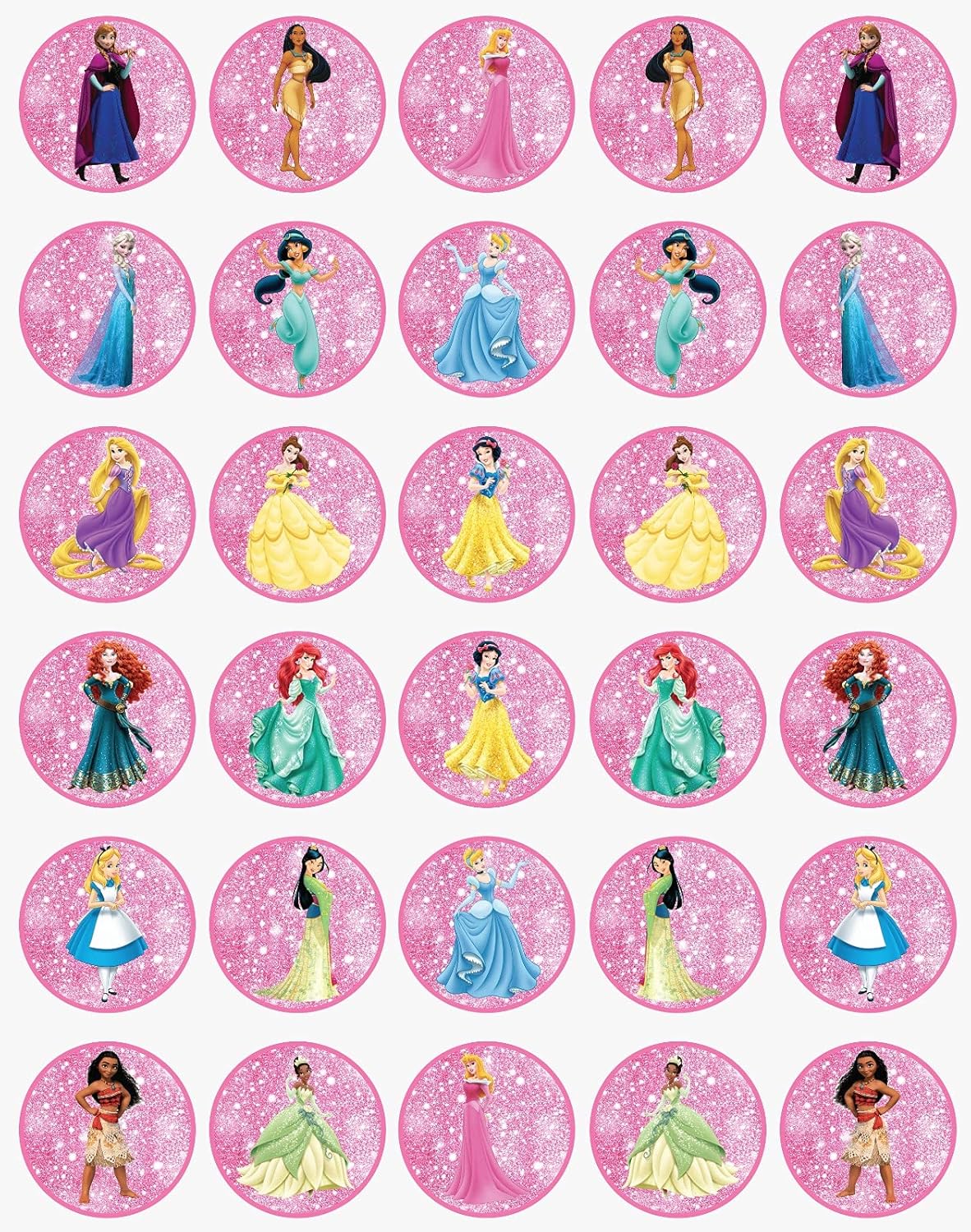 30 x Edible Cupcake Toppers Themed of Princess Collection of Edible Cake Decorations | Uncut Edible on Wafer Sheet