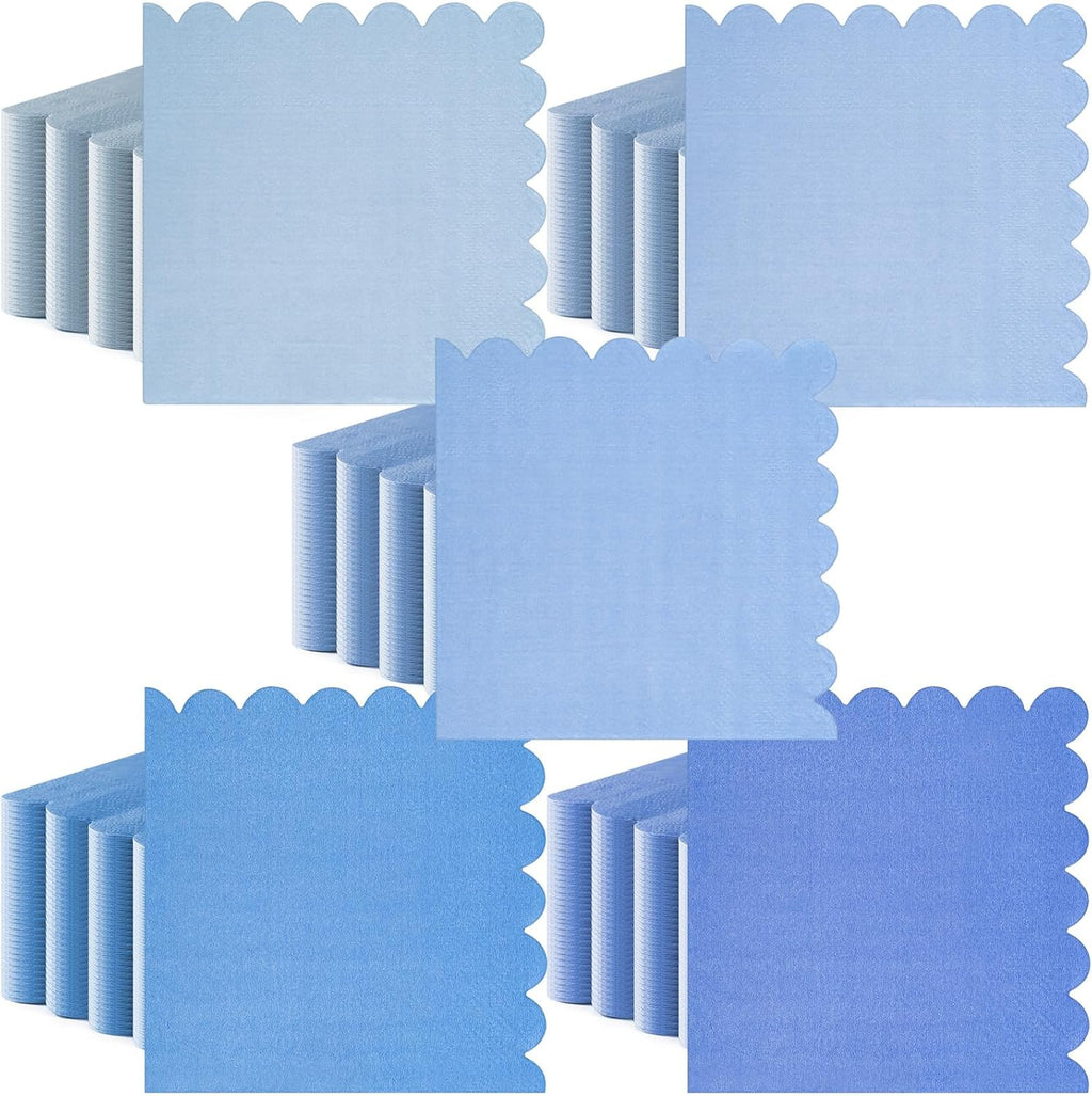 200 Pieces Cocktail Napkin, Sublaga 2-Ply Scalloped Edged Dessert Napkins Folded 5 x 5 Inches Disposable Gradient Color Paper Napkins for Dinner Wedding Birthday Baby Shower Party, Blue