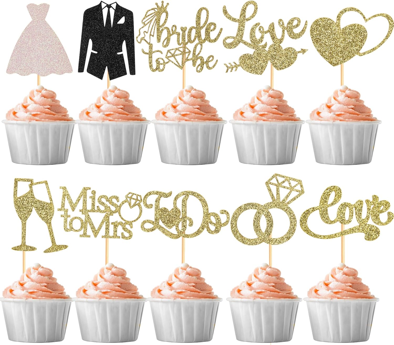 60 Pcs Bride to be Cupcake Toppers,Glitter Wedding Cupcake Toppers I Do Love Heart Ring Cupcake Picks for Bridal Shower Wedding Engagement Party Supplies,Gold