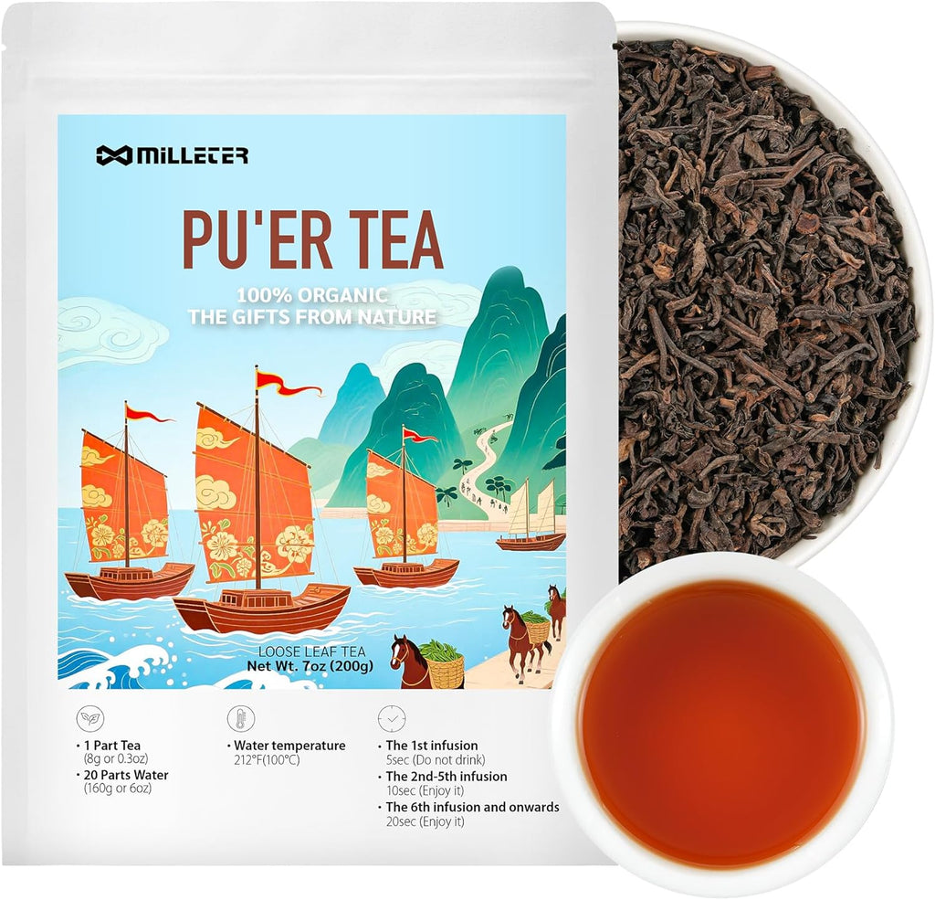 Pu-Erh Tea Loose Leaf, 7oz/200g Authentic Yunnan Ripe Pu'erh Tea, Pure Natural Chinese Dark Tea, Resealable Ziplock Pouch for Freshness