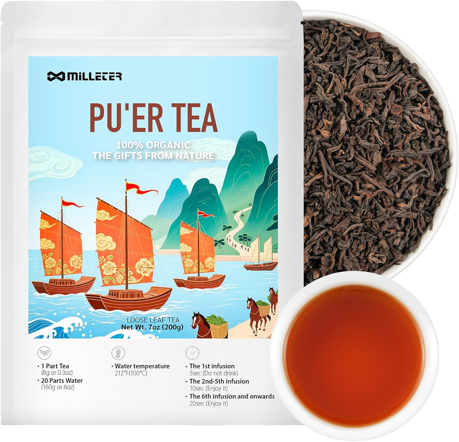 Pu-Erh Tea Loose Leaf, 7oz/200g Authentic Yunnan Ripe Pu'erh Tea, Pure Natural Chinese Dark Tea, Resealable Ziplock Pouch for Freshness
