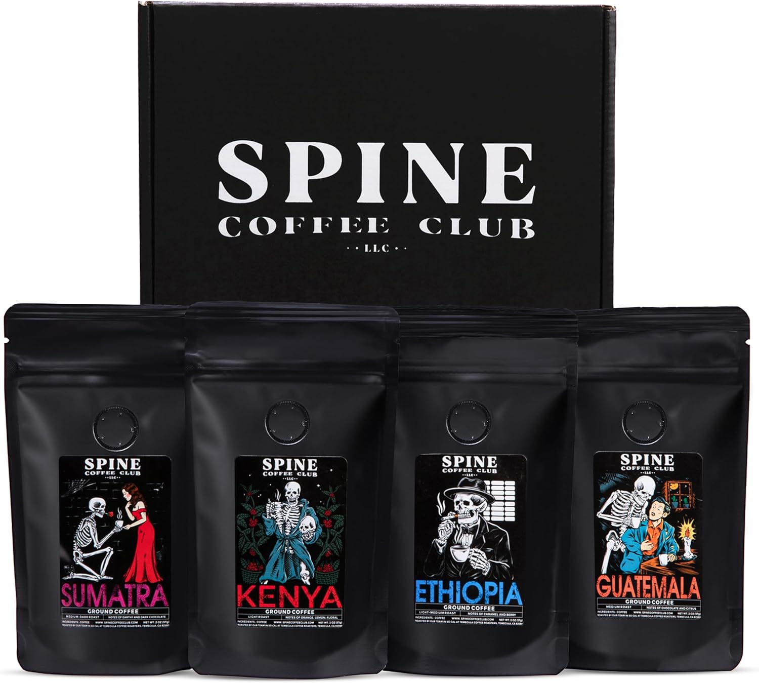Spine Coffee Club LLC 4-Pack Gourmet Coffee Sampler Gift Box Set with Ethiopia, Sumatra, Guatemala, Kenya Single Origin Selection – Ground Coffee