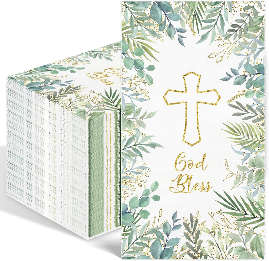 100PCS Greenery Religious Paper Napkins 3 Ply Blessed Cross Disposable Hand Towels for Bathroom Decorative Eucalyptus Guest Napkins for First Communion Holy Baptism Wedding Religious Spring Party
