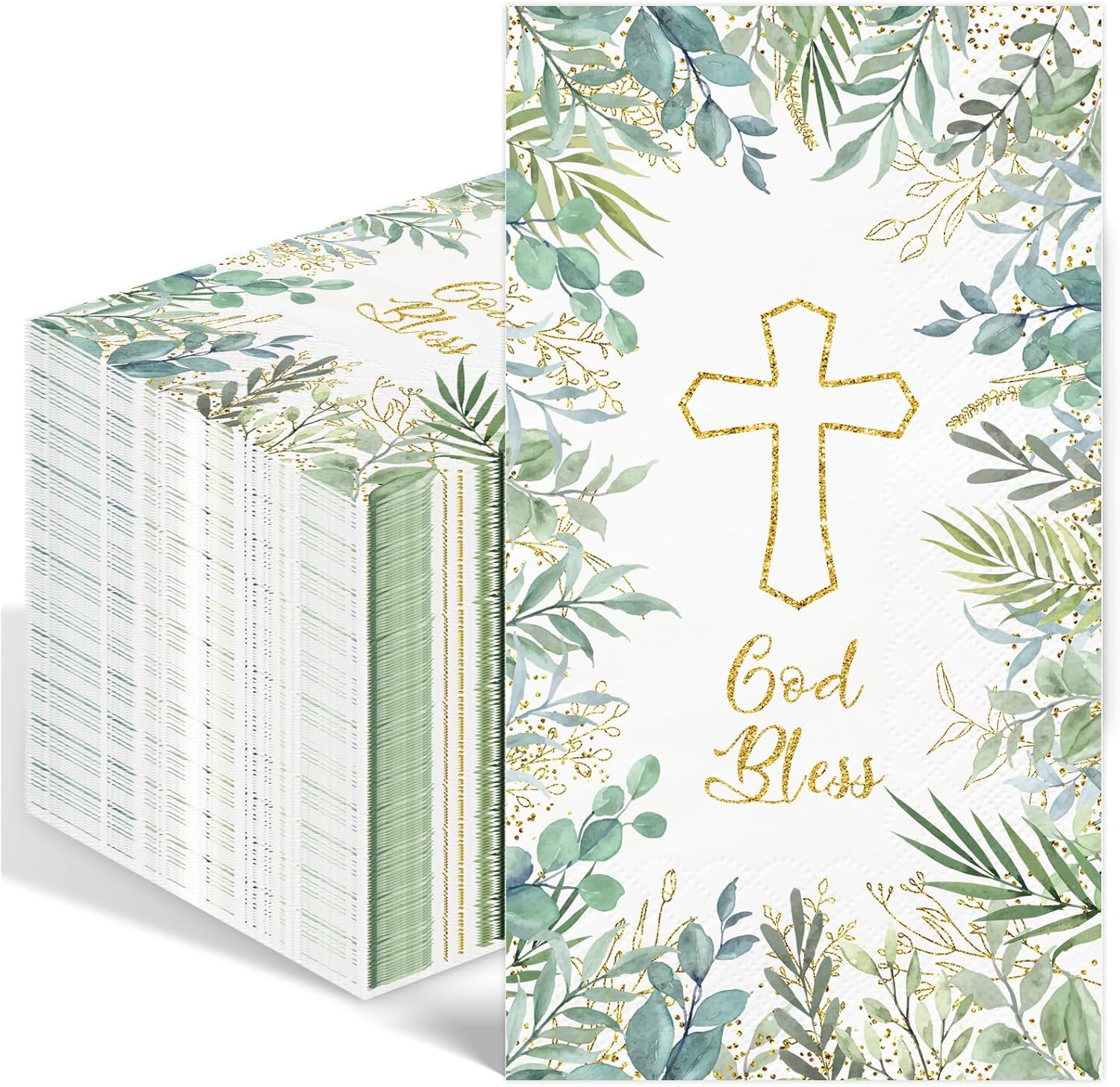 100PCS Greenery Religious Paper Napkins 3 Ply Blessed Cross Disposable Hand Towels for Bathroom Decorative Eucalyptus Guest Napkins for First Communion Holy Baptism Wedding Religious Spring Party