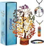 7 Chakra Healing Crystal Gift Set - Premium 300-Bead Gemstone Money Tree, Protection Bracelet & 2 Pendant Necklaces - Complete Feng Shui Meditation Kit for Home Decor, Good Luck & Spiritual Healing