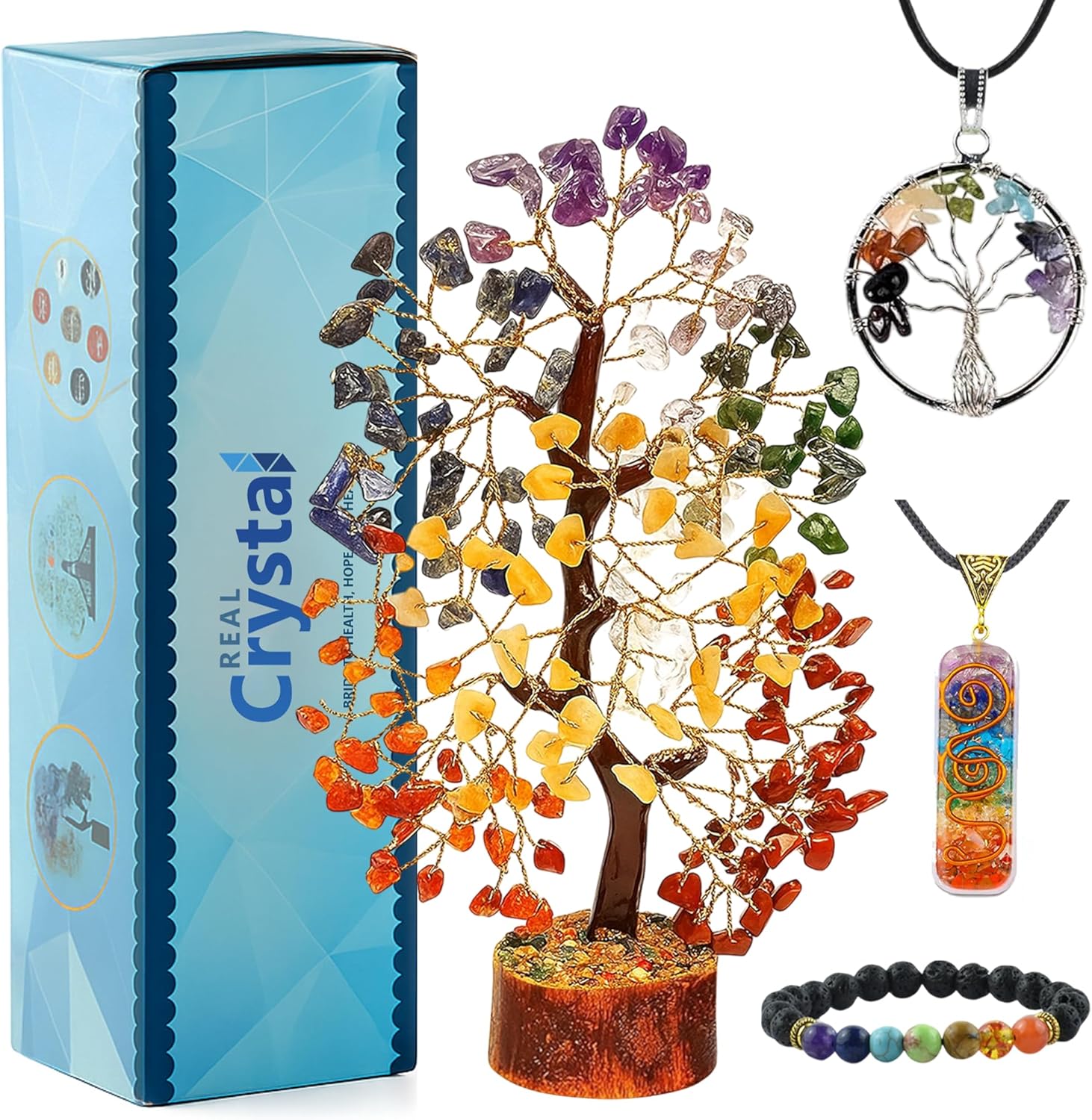 7 Chakra Healing Crystal Gift Set - Premium 300-Bead Gemstone Money Tree, Protection Bracelet & 2 Pendant Necklaces - Complete Feng Shui Meditation Kit for Home Decor, Good Luck & Spiritual Healing