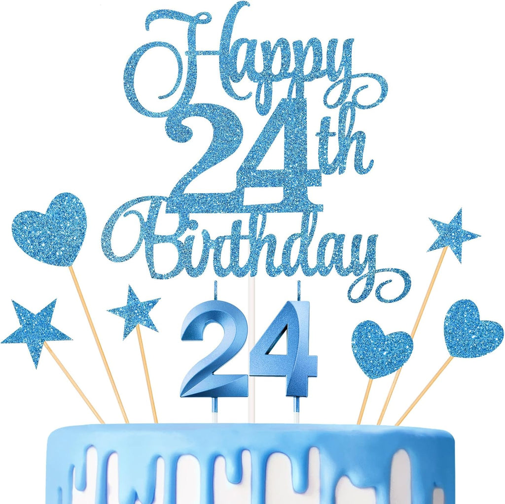 24th Birthday Cake Toppers, 24th Birthday Candles Numeral Candles and Glitter Cake Decorations Toppers Set for Party Supplies (Blue)
