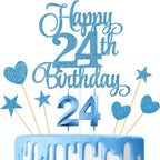 24th Birthday Cake Toppers, 24th Birthday Candles Numeral Candles and Glitter Cake Decorations Toppers Set for Party Supplies (Blue)