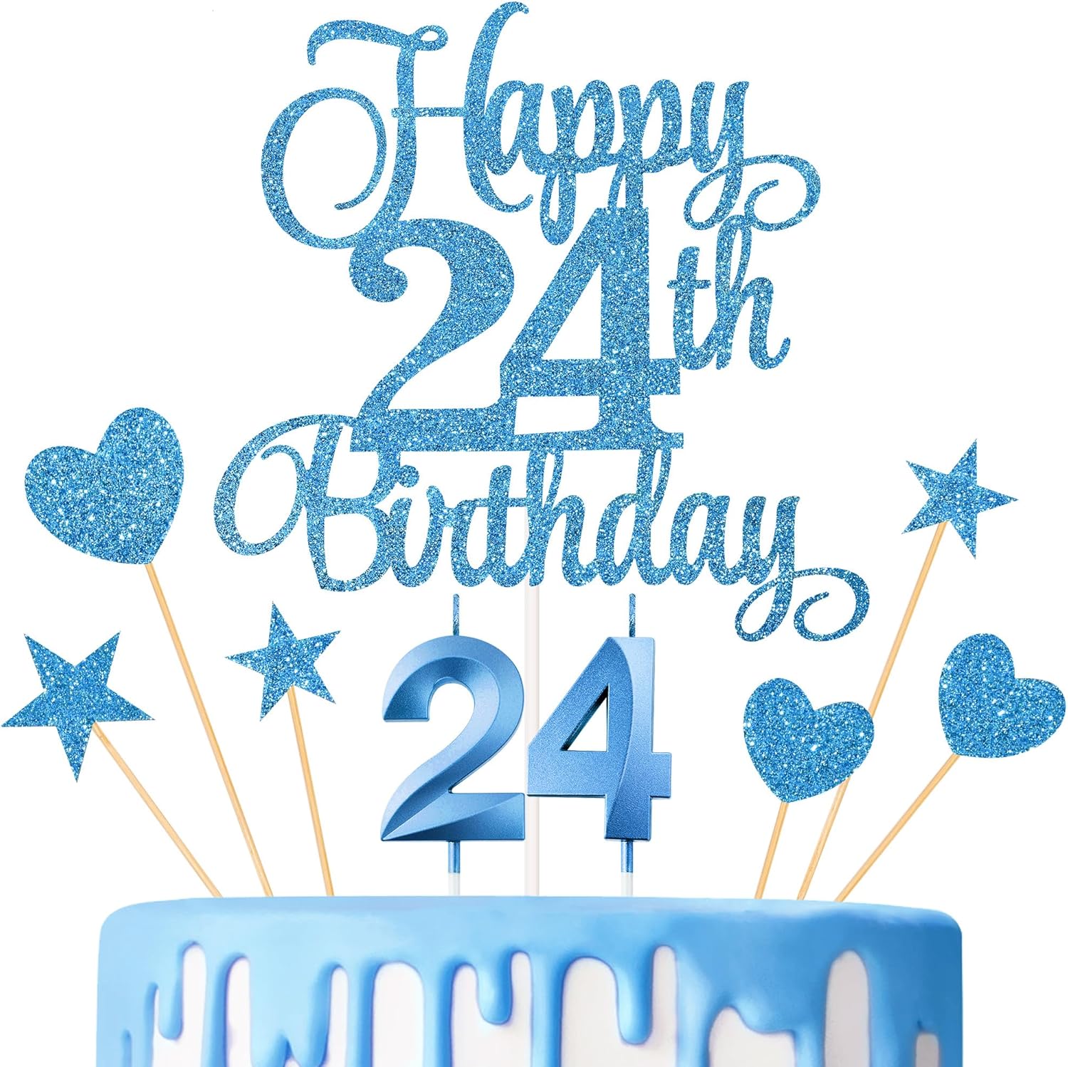 24th Birthday Cake Toppers, 24th Birthday Candles Numeral Candles and Glitter Cake Decorations Toppers Set for Party Supplies (Blue)