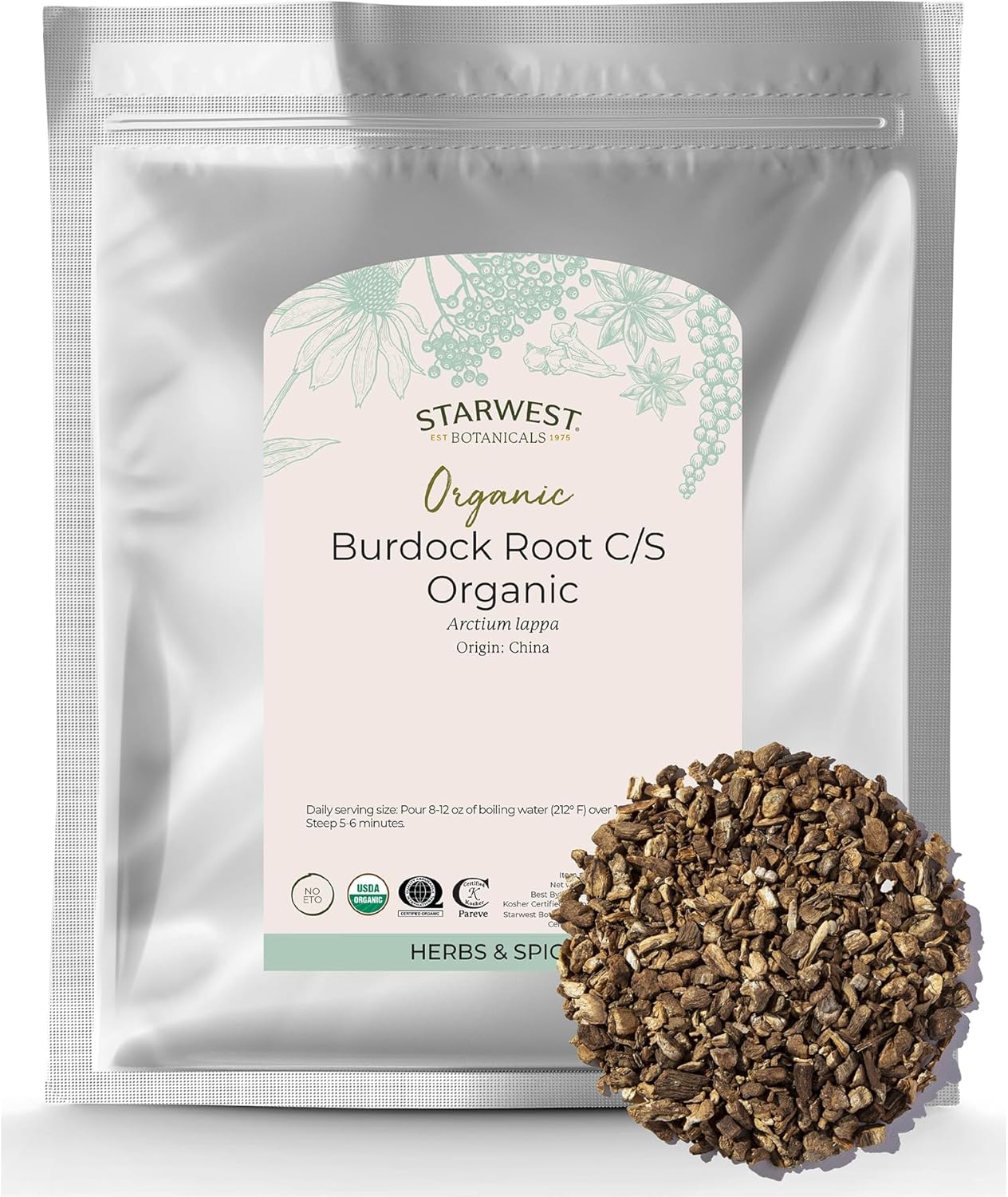Starwest Botanicals Burdock Root Organic - Natural Loose Herb for Tea, Rice, Soup, & Stews, Cut & Sifted, Certified Kosher, Non-GMO - Bulk 1 lb Bag