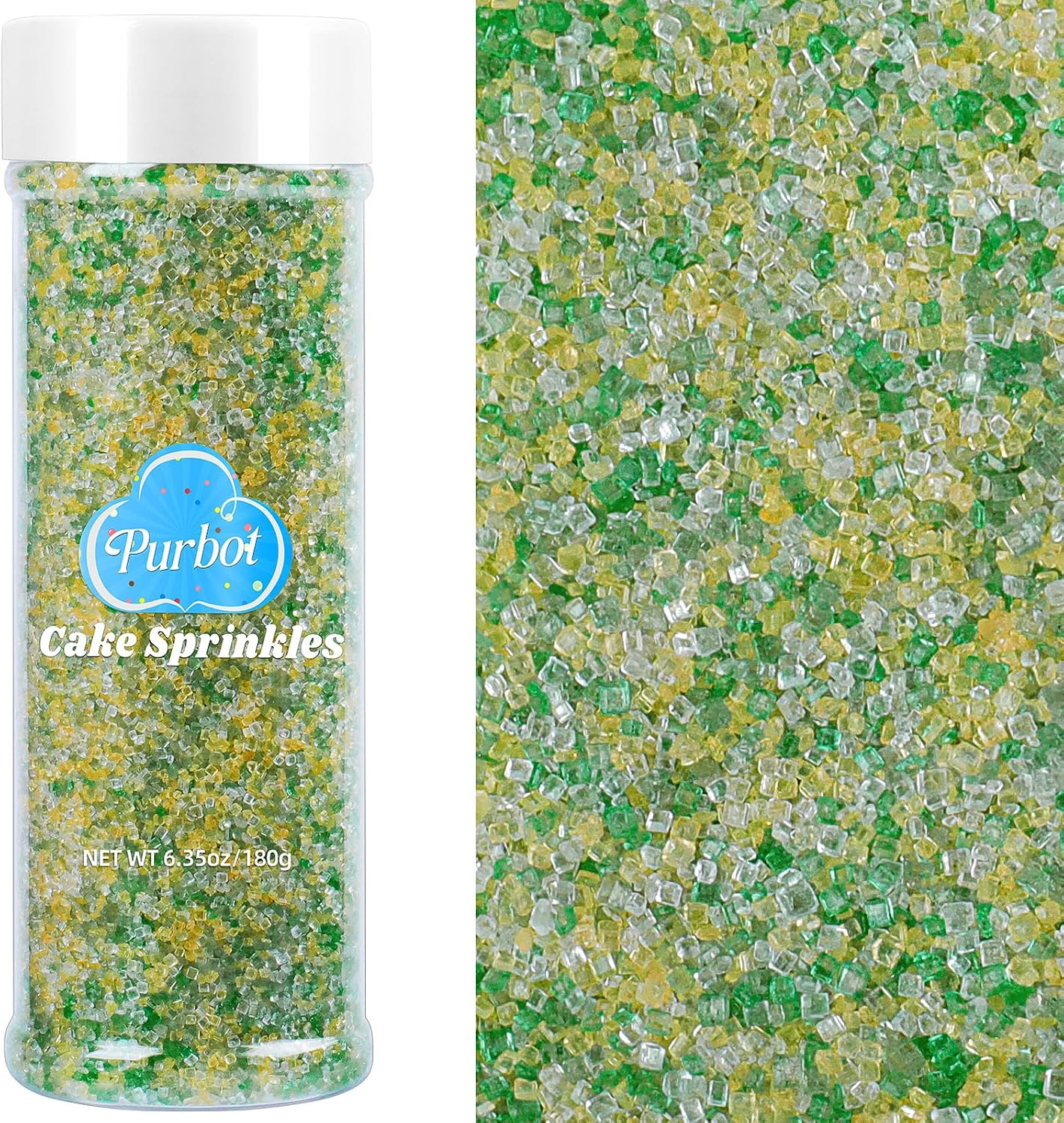 Green Sanding Sugar for Baking, 6.35 Oz Edible Green Yellow White Mix Sparkling Sugar Crystals, St Patricks Day Sprinkles for Cake Decorating