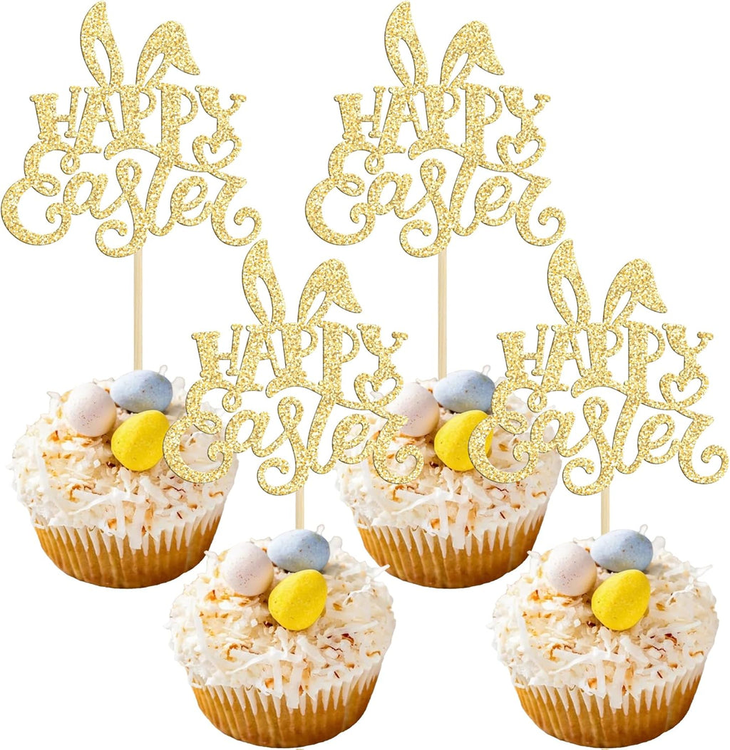 24pcs Happy Easter Cupcake Toppers - Gold Glitter Rabbit Cupcake Picks - Day Theme Baby Shower Kids Birthday Party Cake Decorations