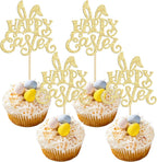 24pcs Happy Easter Cupcake Toppers - Gold Glitter Rabbit Cupcake Picks - Day Theme Baby Shower Kids Birthday Party Cake Decorations