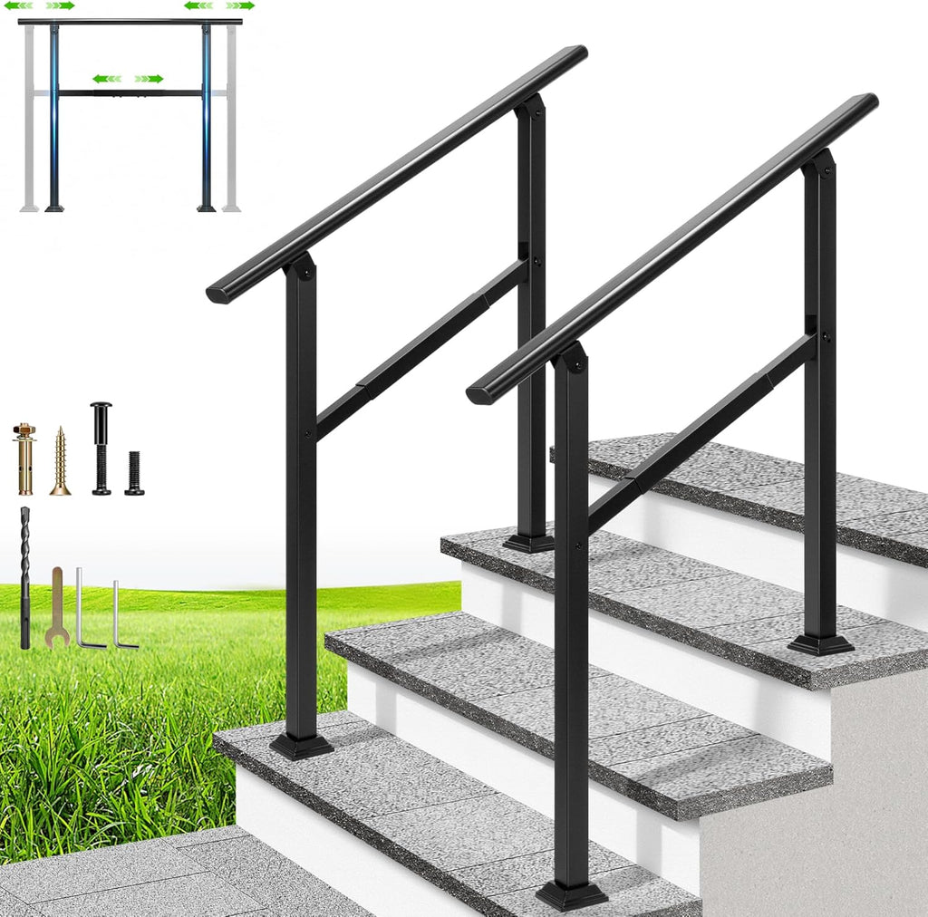 VIVOHOME Adjustable Outdoor Handrails - Durable Galvanized Steel, Black Oval Design for Porch, Deck & Stairs, 2-Pack for 3 Steps