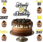 18th Birthday Decorations Cake Cupcake Toppers Set, Black Gold Glitter Happy 18th Birthday Cupcake Cake Topper Birthday Decorations for Him Her Boy Girls (1piece + 24pcs) (18thBirthday)