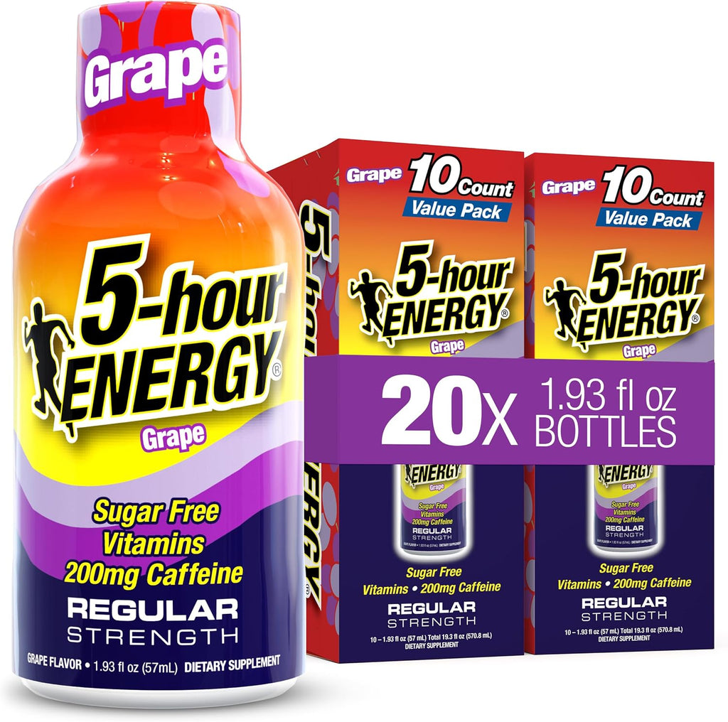 5-hour ENERGY GRAPE Flavor, 20 Count, 1.93 Fl Oz Energy Shot, Regular Strength, Amino Acids, B Vitamins, Sugar Free and Zero Calories