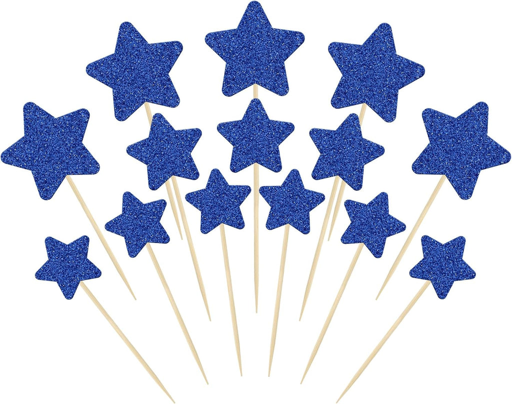 Gyufise 42Pcs Mixed Size Deep Blue Little Star Cupcake Toppers Glitter Twinkle Star Cupcake Picks for Wedding Engagement Bridal Shower Baby Shower Birthday Party Cake Decorations Supplies