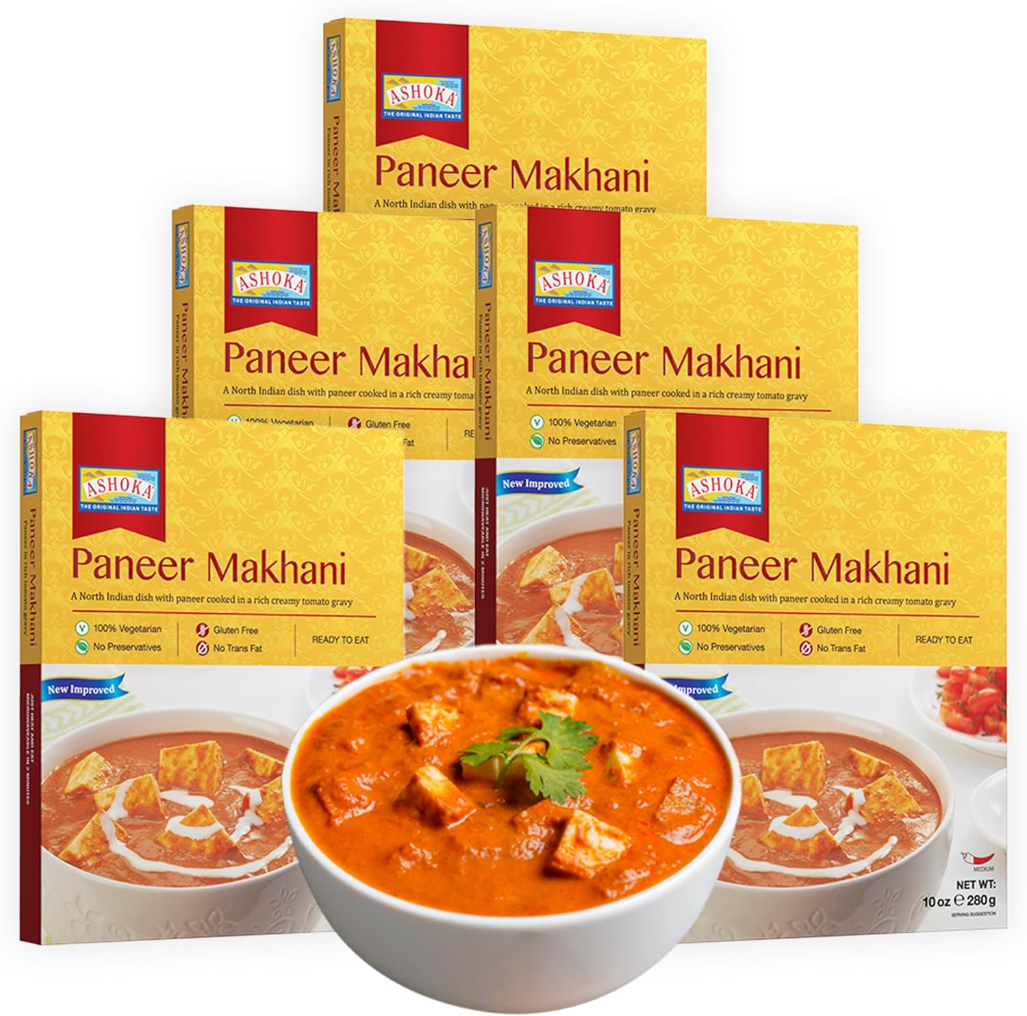 Ashoka Meals 1932, Vegetarian Tomato Cheese Curry, All-Natural, Kosher Certified, Ready to Eat Indian Meals, Authentic Paneer Makhani, Great for Offices, No Preservatives, Pack of 5