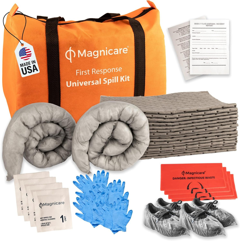 Universal Spill Kit OSHA Approved - Biohazard Clean up Kit for Oil, Water & Chemicals | 15 Absorbent Pads, 2 Socks, PPE, Biohazard Bags in Bright Orange Duffel Bag