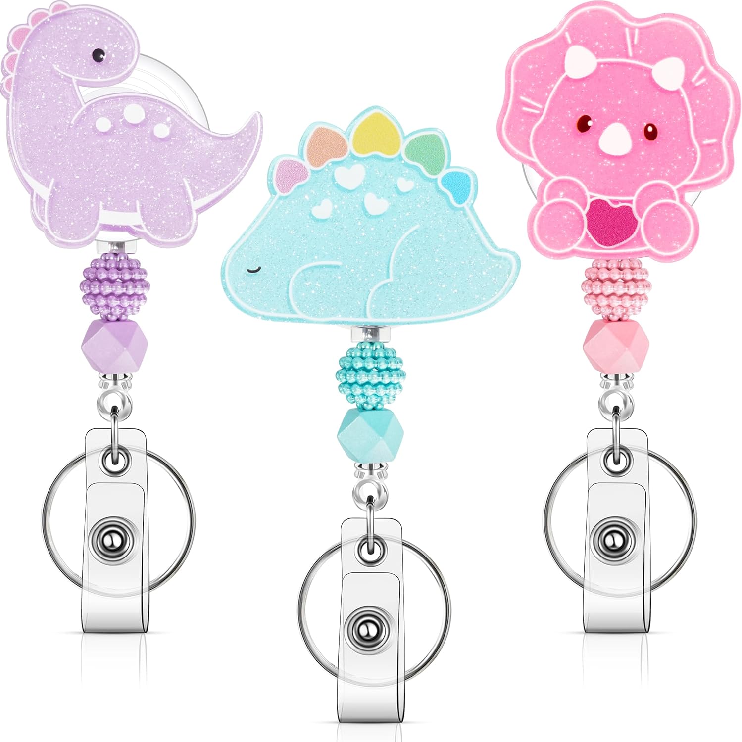 Badge Reel with Alligator Clip ID Cute Retractable Badge Holder Reel Acrylic Nurse Badge Clip for Office Workers, Doctors, Nurses,Medical Students and Teachers (Dinosaur)