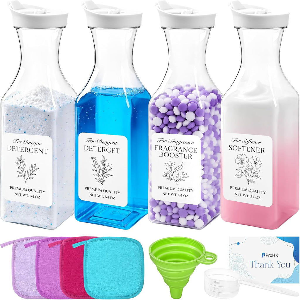 4Pack Laundry Detergent Dispenser for Room Organization - 54oz Soap Container with Spoon, Funnel and Labels Having 4Pcs Microfiber Cleaning Towels - Plastic Liquid Storage Organizers