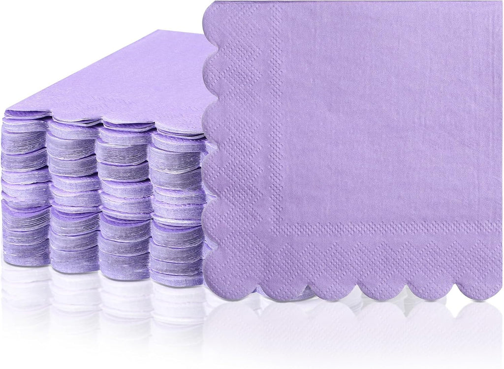 Fuutreo 100 Pcs Scalloped Cocktail Napkins Thick Paper Disposable Party Napkins Beverage Tissue for Wedding Dinner Birthday Supplies, 5 x 5 Inches(Purple)