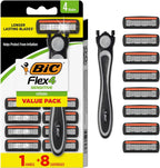 BIC Flex 4 Refillable Razors for Men, Long-Lasting 4 Blade Razors for Sensitive Skin, 1 Handle and 7 Cartridges, 8 Piece Shaving Kit