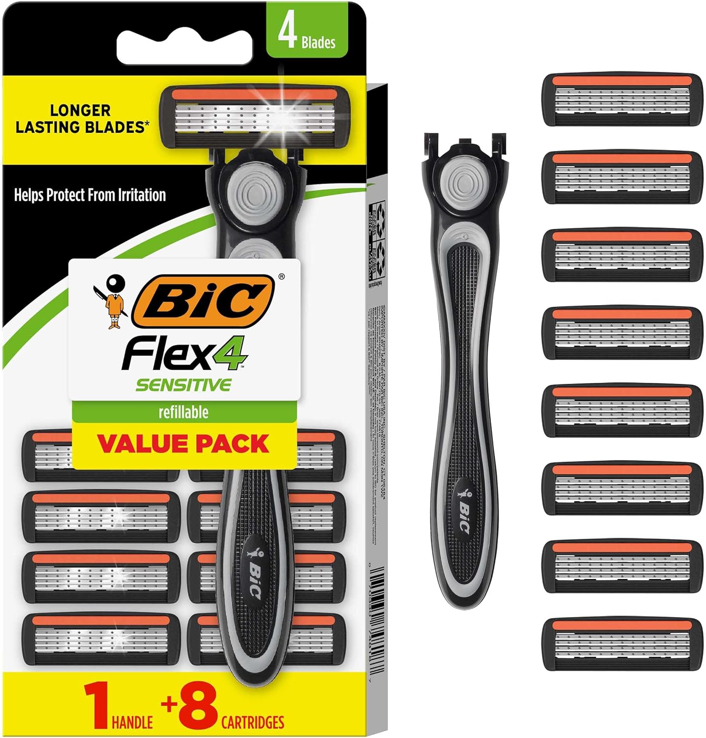 BIC Flex 4 Refillable Razors for Men, Long-Lasting 4 Blade Razors for Sensitive Skin, 1 Handle and 7 Cartridges, 8 Piece Shaving Kit