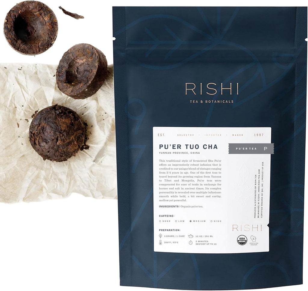 Rishi Tea Ancient Pu'er Tuo Cha Herbal Tea - Organic Direct Trade Loose Leaf, Medium Caffeine Aged Ripe Pu-erh - 4 Ounces, 15 Servings