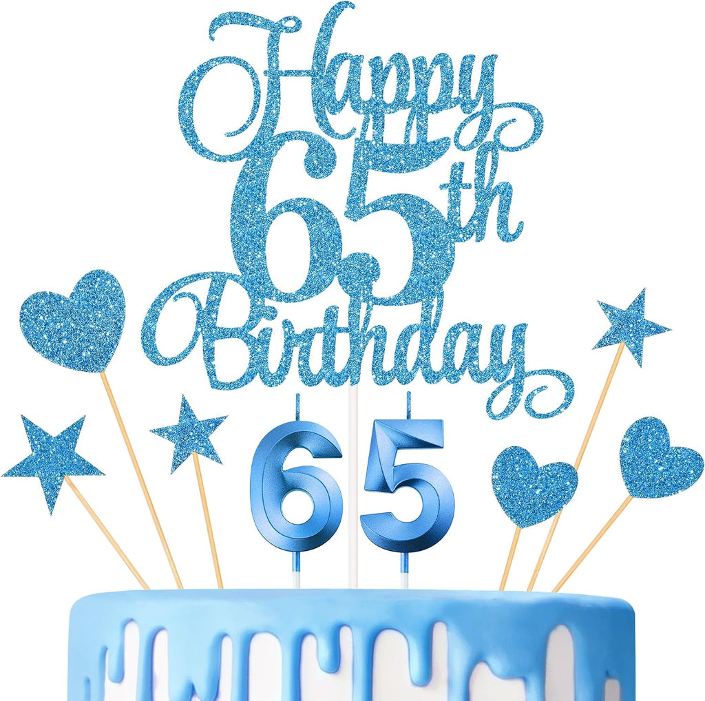 65th Birthday Cake Decorations, 65th Birthday Candles Cake Numeral Candles and Glitter Happy 65th Birthday Cake Toppers Set for Birthday Party Supplies (Blue)