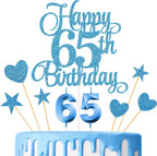 65th Birthday Cake Decorations, 65th Birthday Candles Cake Numeral Candles and Glitter Happy 65th Birthday Cake Toppers Set for Birthday Party Supplies (Blue)