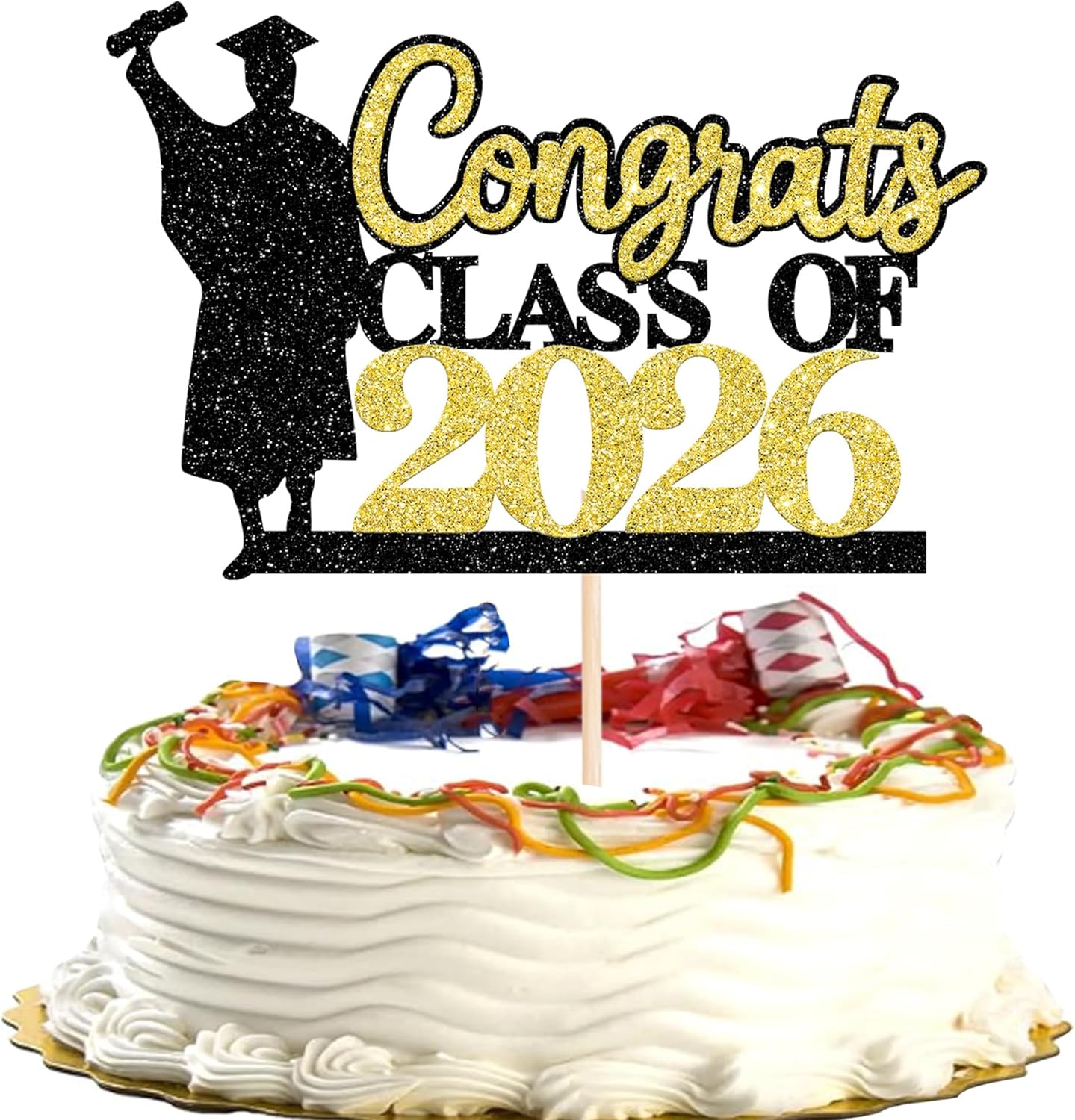 Rsstarxi 1 Pack Congrats Class of 2026 Cake Topper Glitter Boy Graduation Decorations Class of 2026 Grad Cap Diploma Cake Pick for College 2026 Graduation Party Cake Decorations Gold