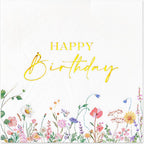 Crisky 3-Ply 50 Pcs Wildflower Floral Gold Foil Luncheon Happy Birthday Disposable Paper Napkins for Birthday Party Decoration