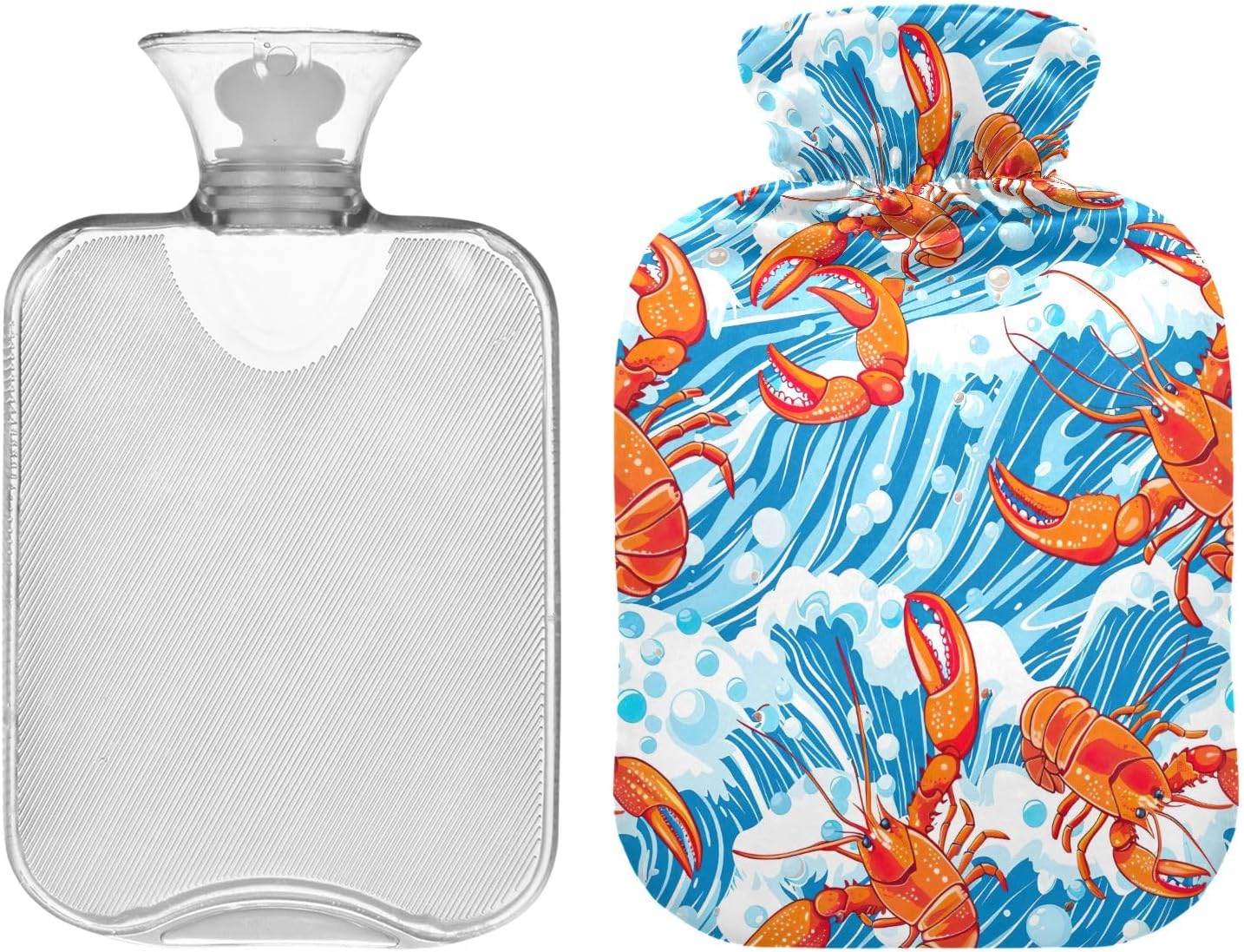Hot Water Bottle with Soft Cover, 1L Transparent Hot Water Bags for Menstrual Cramps, Neck and Shoulder Pain Relief, Hand Feet Warmer, Orange Lobster Blue Sea Waves