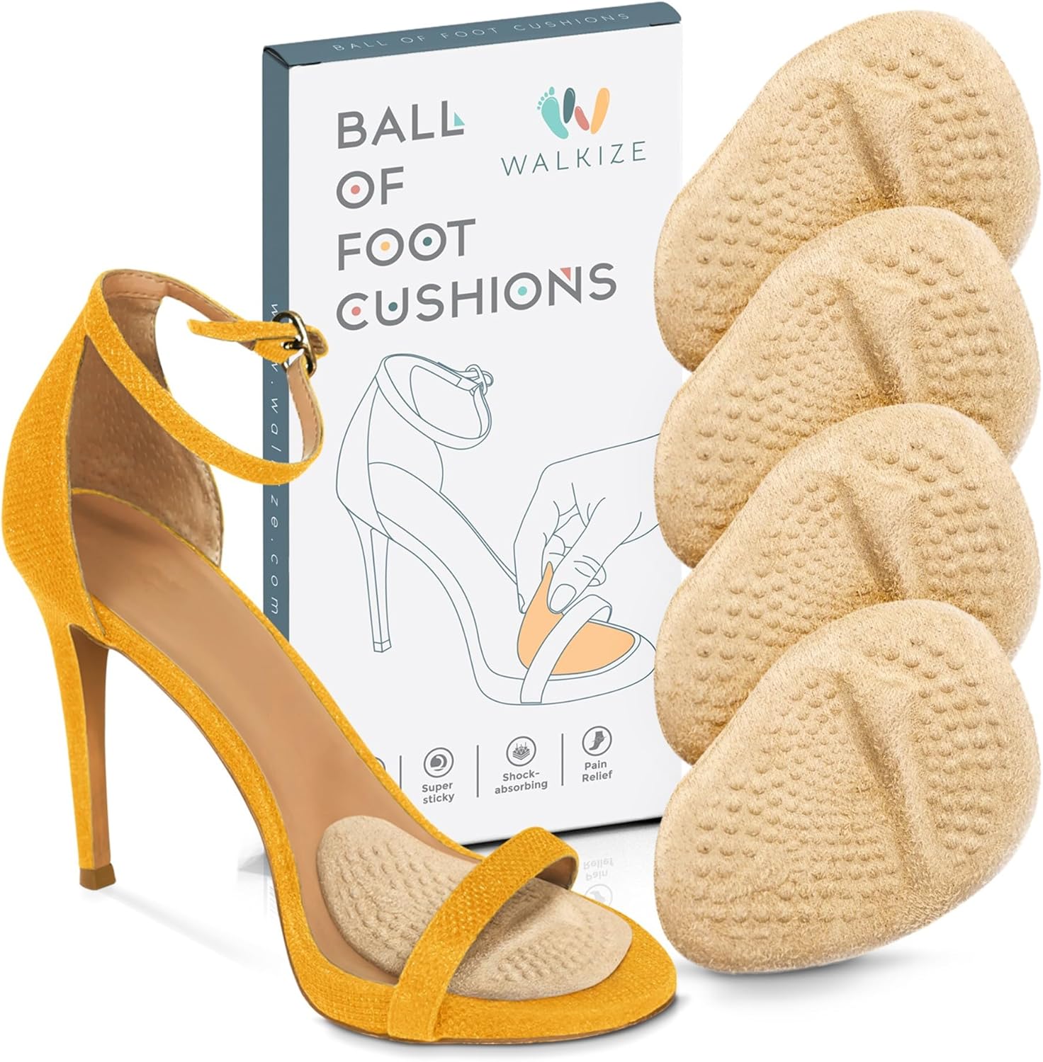 Walkize Metatarsal Pads Women | Heel Inserts for Women | Ball of Foot Cushions (2 Pairs Foot Pads) All Day Pain Relief and Comfort One Size Fits Shoe Inserts (Beige)