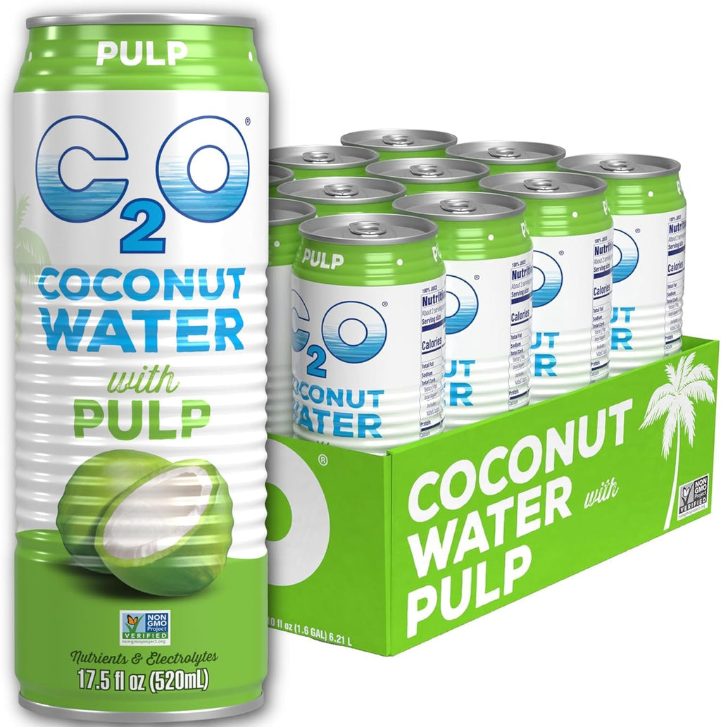 C2O - Coconut Water with Pulp (12 Pack) - Made with Fresh Coconut Water - Plant Based - Non GMO - Canned Water - Natural Hydration, Essential Electrolytes, & Potassium - 12 Cans, 17.5 FL OZ