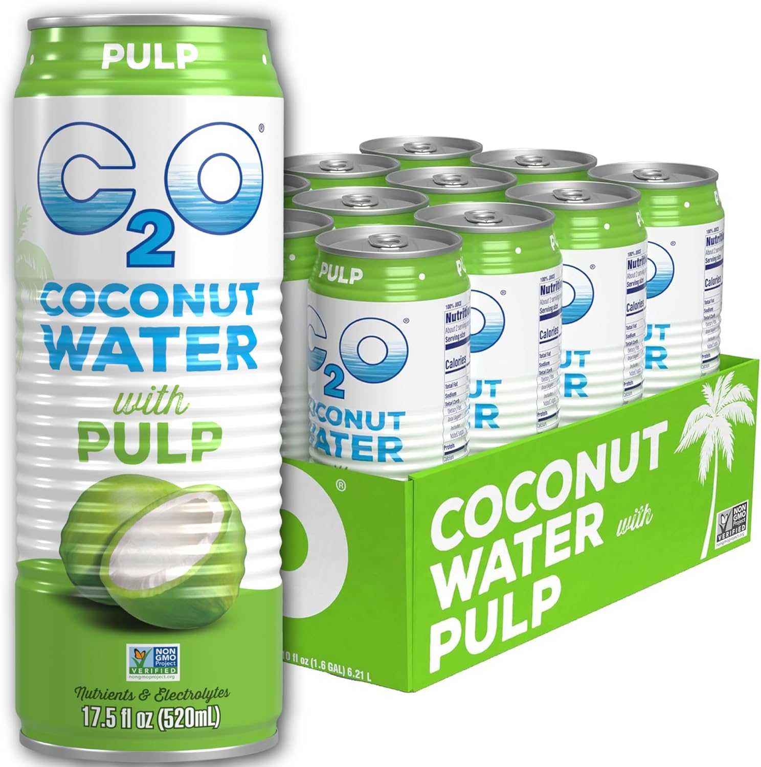 C2O - Coconut Water with Pulp (12 Pack) - Made with Fresh Coconut Water - Plant Based - Non GMO - Canned Water - Natural Hydration, Essential Electrolytes, & Potassium - 12 Cans, 17.5 FL OZ