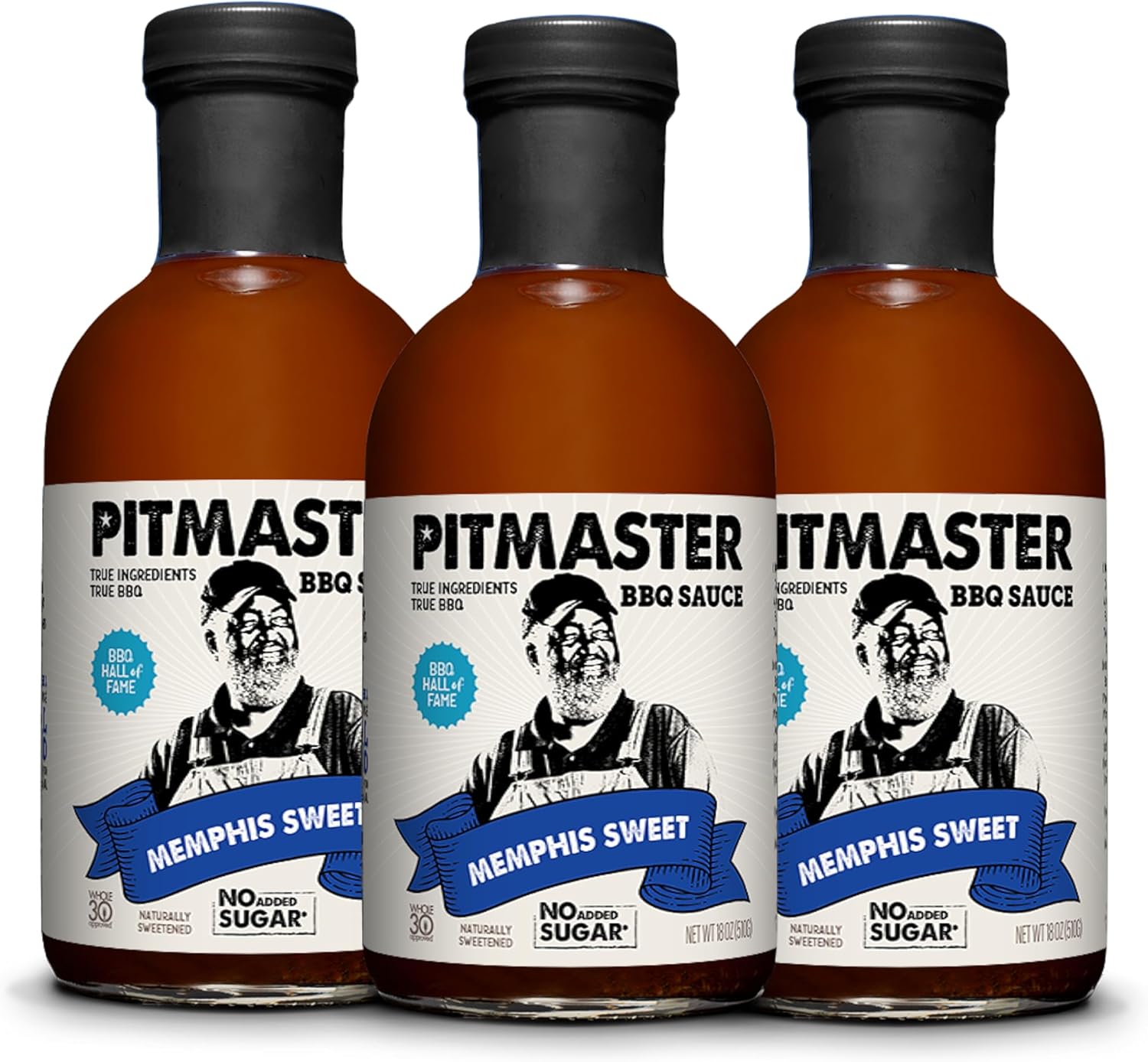 True Made Foods Pitmaster Memphis Sweet Barbecue Sauce - True Pitmaster Memphis-Style BBQ Flavor, No Sugar Added, Keto, Whole30 & Paleo Friendly - 18oz, 3 Pack - Ideal for Ribs, Pork, Chicken and Steaks