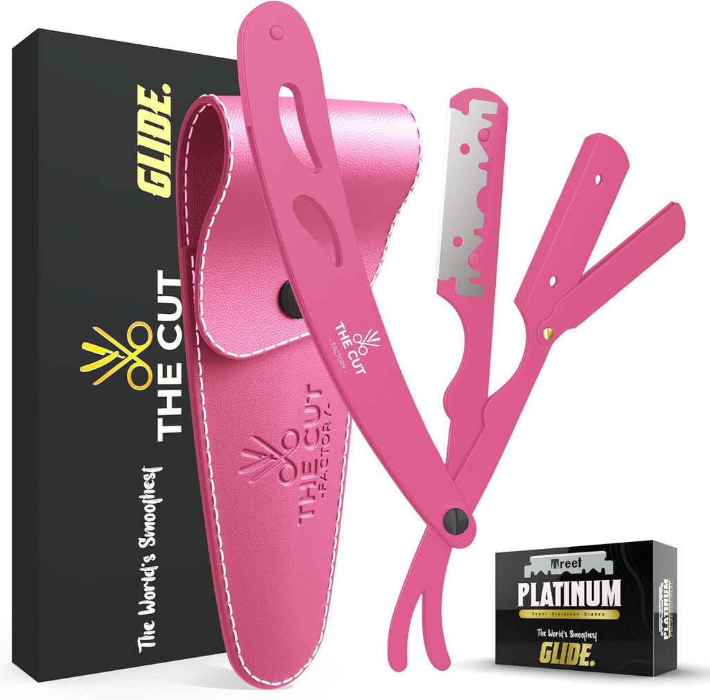 The Cut- Factory- Straight Razor with 20 Pack Platinum Treat Single Blade Razors for Men- Professional Barber Straight Edge Razor for Close Shaving 100 Percent Stainless Steel, Pink
