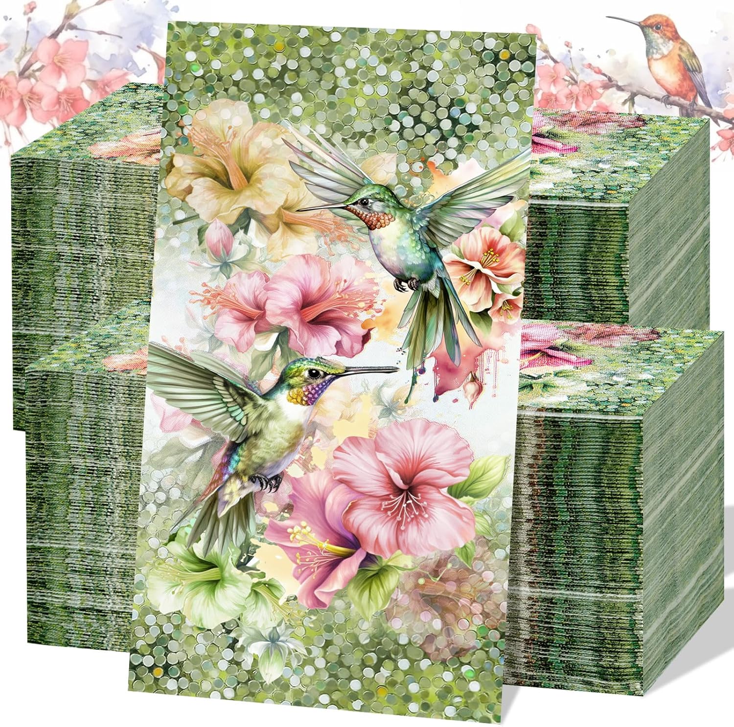 Jetec 200 Count Hummingbird Disposable Napkins Hummingbird Flower Guest Paper Hand Towels for Bathroom Kitchen Decorative Holiday Spring Party Dinner Lunch Supplies