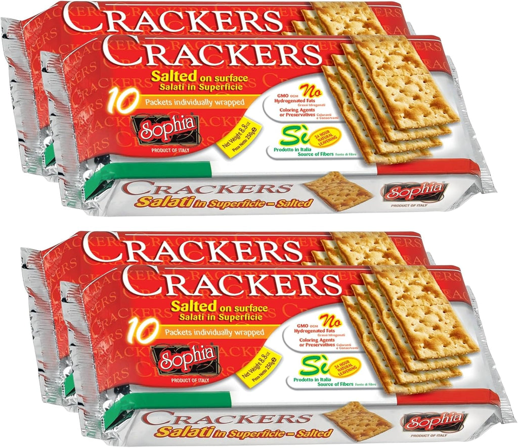 Sophia Cracker Italian Salted 8.8oz (4-pack) | Italian Crackers for Cheese Board & Snacks | Pantry Staples for Charcuterie & Travel | Saltine Crackers with Rustic Crunch | Bakery Fresh Snack