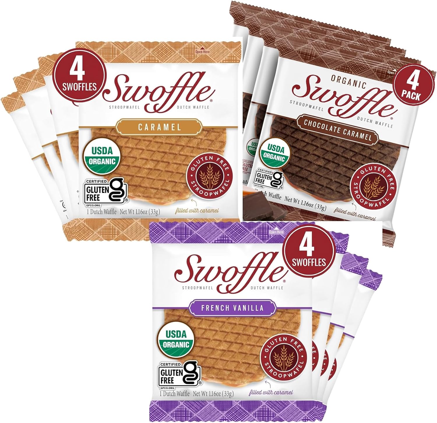Gluten Free Certified Organic Stroopwafels by Swoffle - Caramel Filled, French Vanilla & Chocolate Caramel| (12) Individually Wrapped Waffles, (4) of Each Flavor | 1.16oz Wafers | non-GMO, Wheat Free, Kosher, No Dairy, Soy and Nut Free!