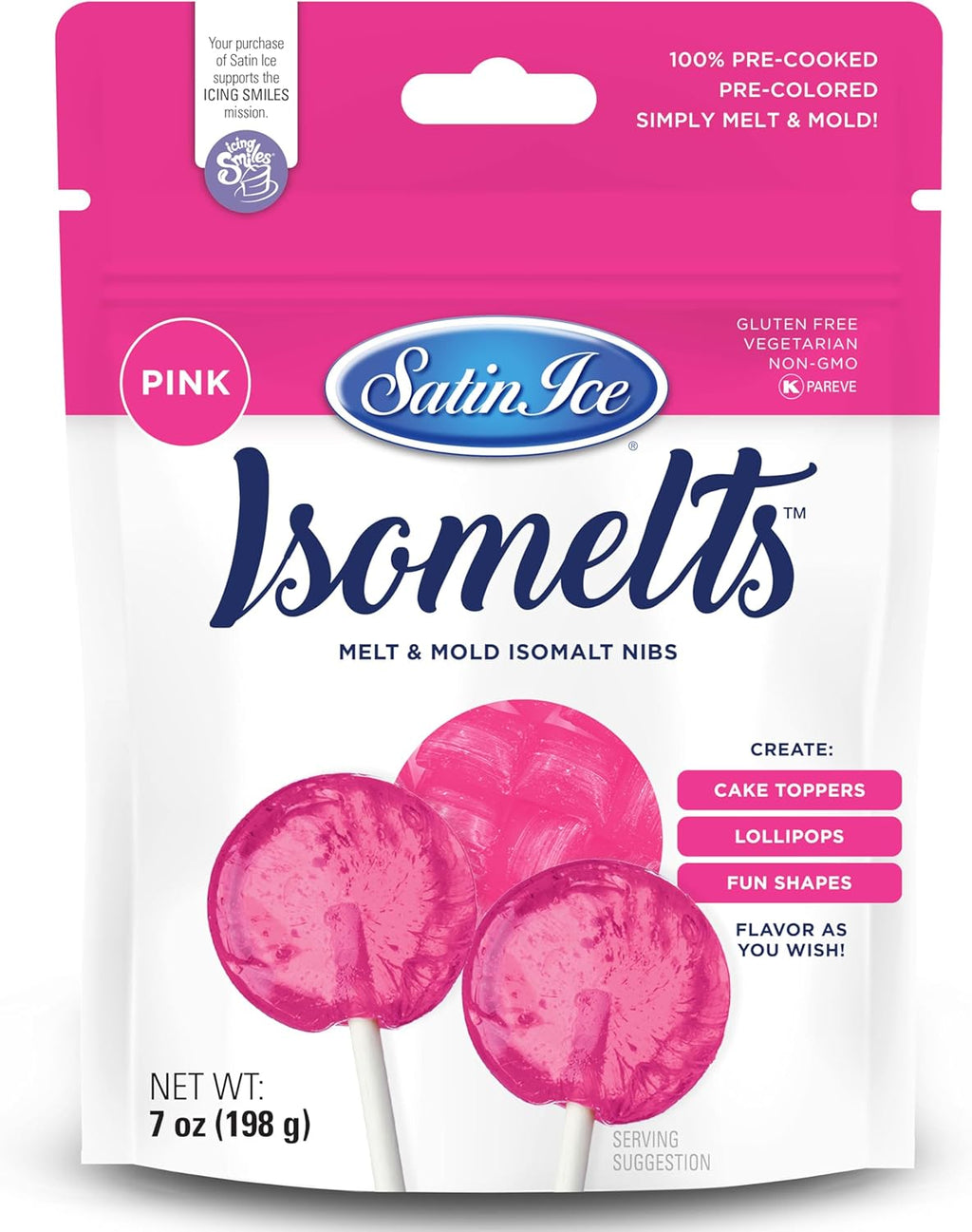 Satin Ice Isomelts for Making Lollipops (Pink) (7oz Pouch) – No Prep Isomalt, Pre-Colored, & Sugar-Free