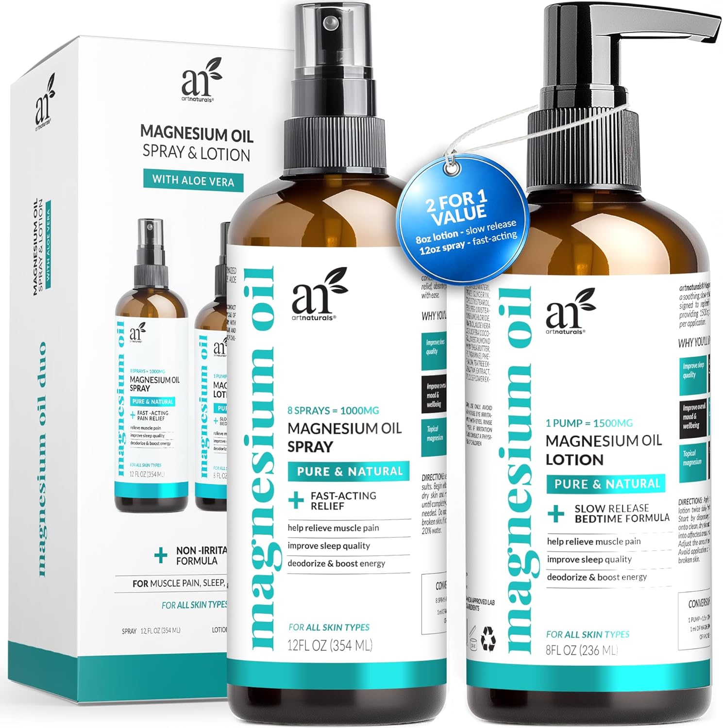 Artnaturals Magnesium Oil Spray 12oz + Body Lotion 8oz Set with Aloe Vera - Pure Topical Magnesium Chloride for Muscle Pain Relief, Sleep Support, Leg Cramps & Relaxation - Fast Absorbing