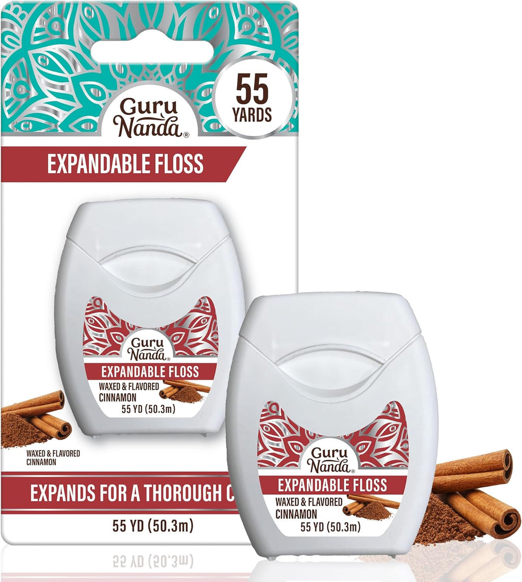 GuruNanda Expandable Waxed Dental Floss for Gentle, Deep Cleaning Wide Teeth Flossing - Cinnamon Flavor - 55 Yards