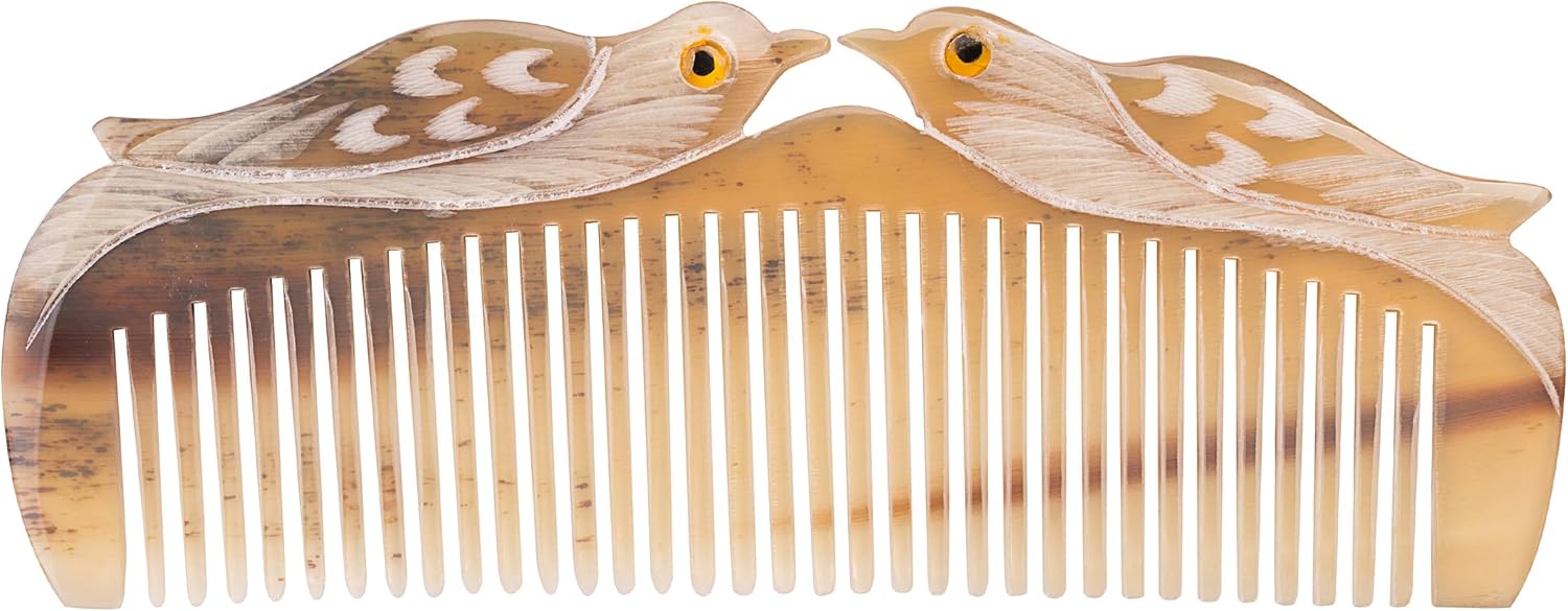 Natural Buffalo Horn Comb - Anti-Static Hair Care, Vietnamese Handmade Lovebirds Gift, Symbol of Love & Peace for Women