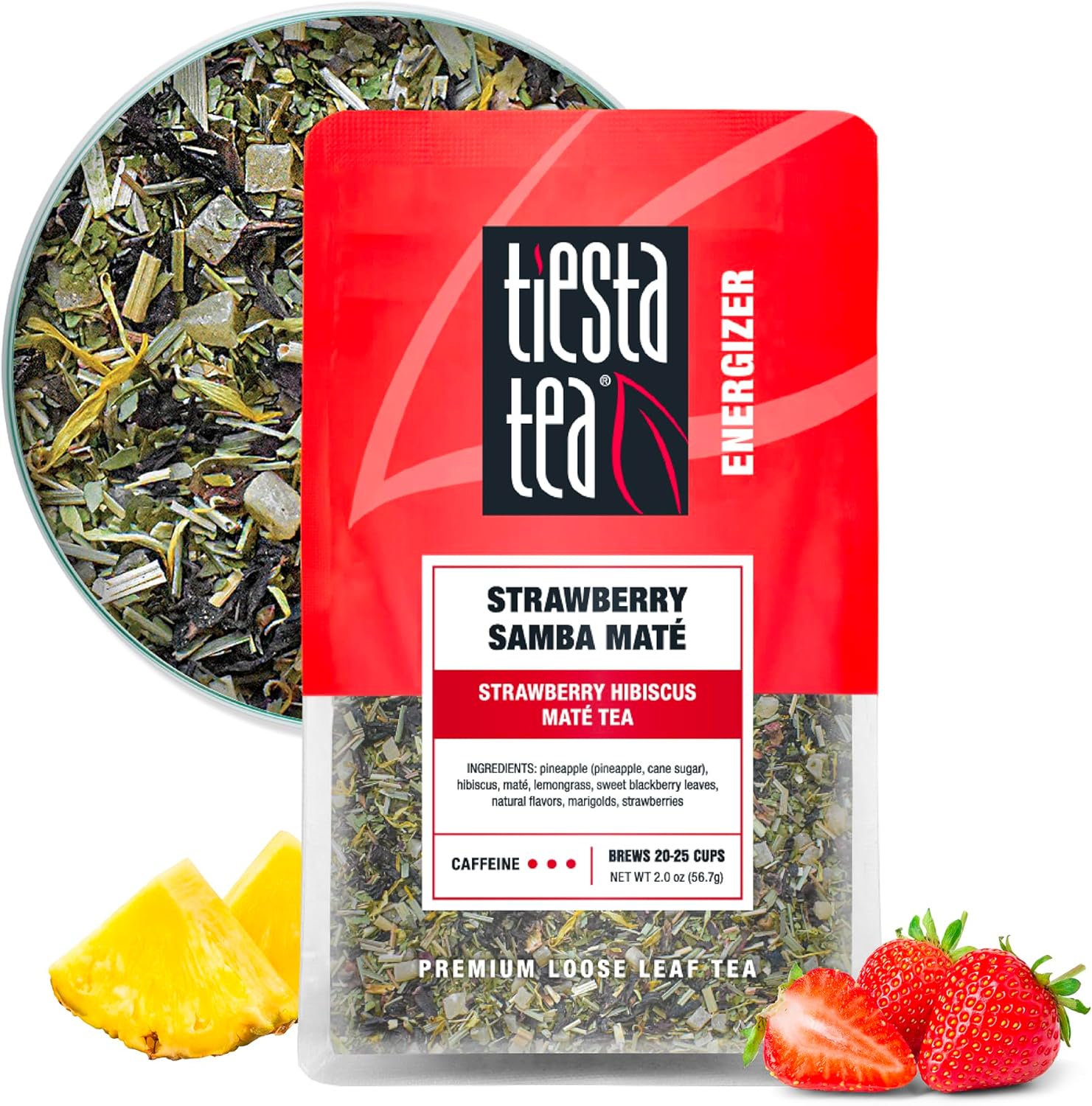 Tiesta Tea - Strawberry Samba Mate, Loose Leaf, Strawberry Hibiscus Mate Tea, High Caffeinated Fruit Blend, Make Hot or Iced Up to 25 Cups, 2 oz Resealable Pouch