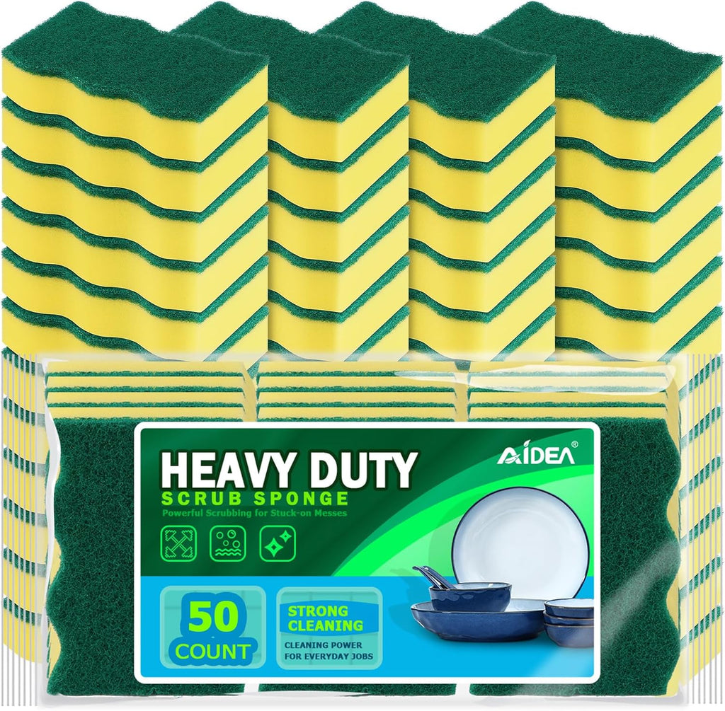 AIDEA Sponges Kitchen, 50 Pack Heavy Duty Dish Sponge, Cleaning Dish Scrubber Sponge for Home and Kitchen, Stink-Free Cleaning Supplies for Pots, Pans