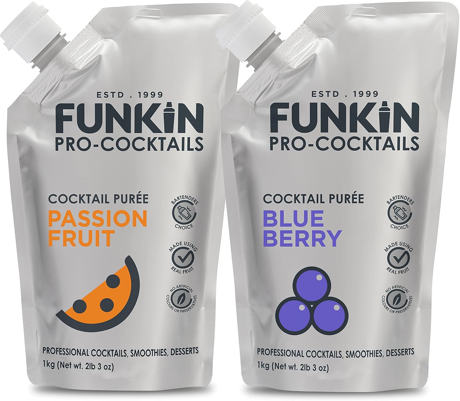 Funkin Puree Twin Pack Bundle | Passion Fruit and Blueberry | Real Fresh Fruit for Cocktails, Drinks, Smoothies, Cooking | No Added Preservatives or Flavorings (2.2 lbs)